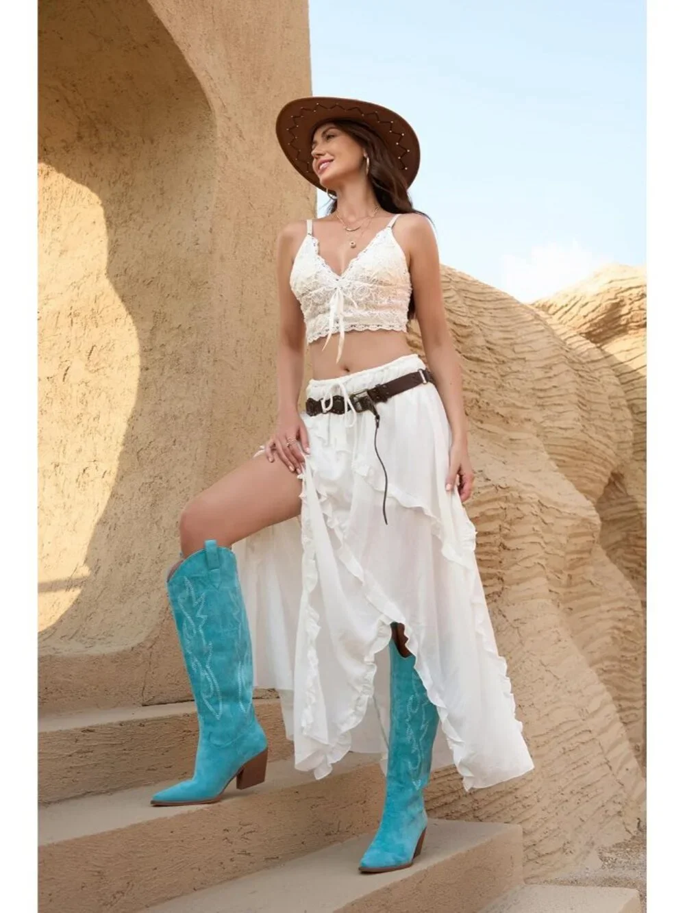 Women's Turquoise Pointed Toe Faux Leather Block Heel Heel Over The Knee Boots
